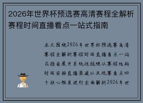 2026年世界杯预选赛高清赛程全解析赛程时间直播看点一站式指南